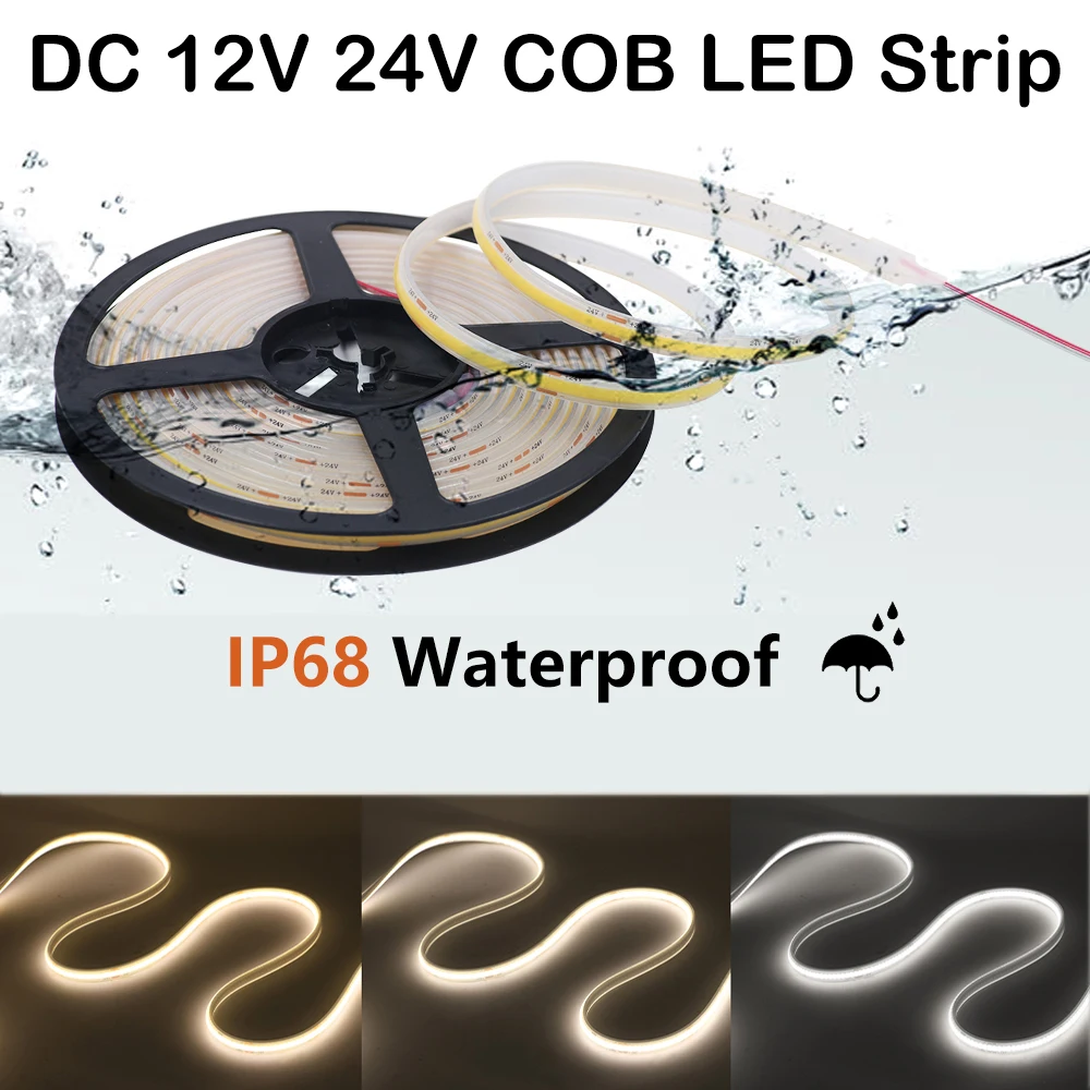 IP68 Waterproof COB Strip LED Light Bar 12V 24V 320LEDs/m Flexible FOB LED Tape for for Sauna Swimming Pool Outdoor Lighting