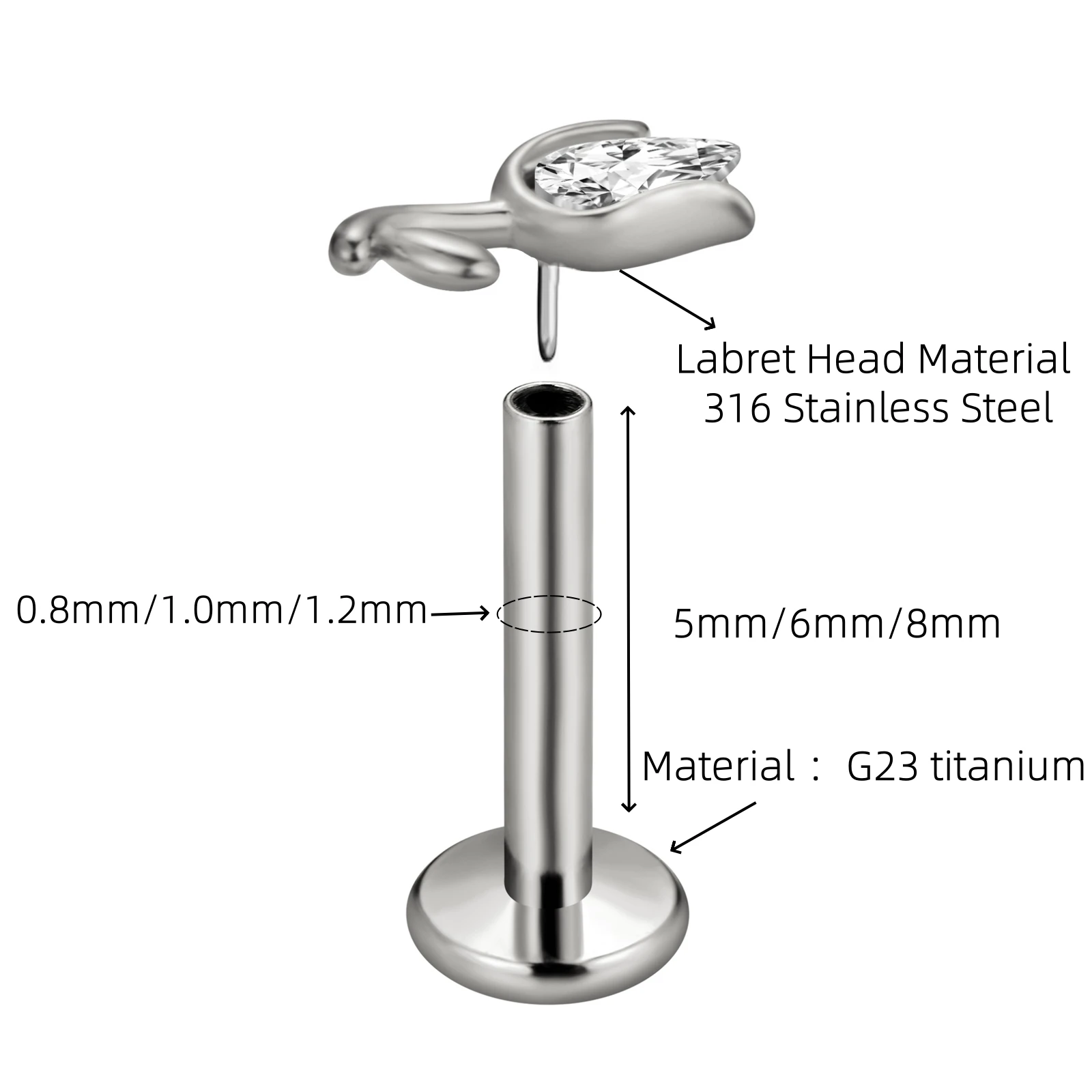 Piercing Jewelry G23 Titanium Threadless 16G/18G/20G Heart Shape Flower Push Pin Labret Lip Ring Stud