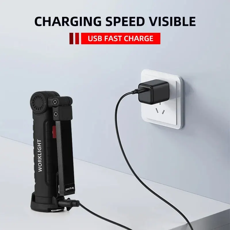 배터리가 내장 된 새로운 휴대용 COB LED 손전등 USB 충전식 작업등 마그네틱 랜턴 교수형 램프 캠핑 토치