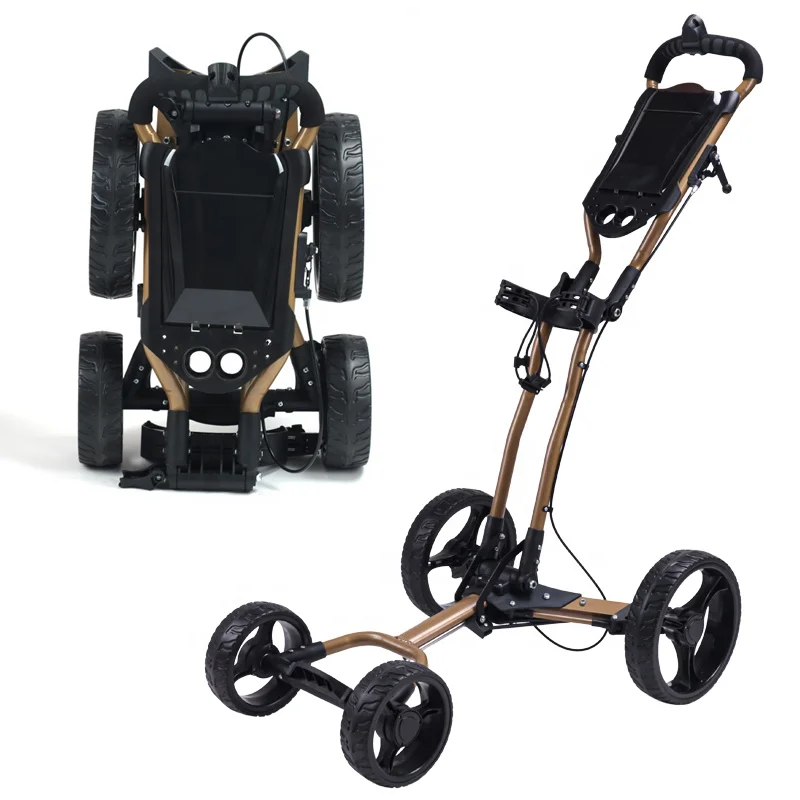 Outdoor Golf Play 4 Wheel Collapsible Aluminum Goft Club Push Pull Cart Portable Foldable Brown Golf Trolley With Hand Brake