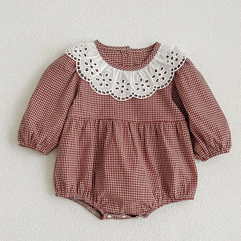 

Toddler Baby Girl Romper Cotton Long Sleeve Plaid Lace Stitching Newborn Baby Girl Jumpsuit Autumn Spring Children Clothes