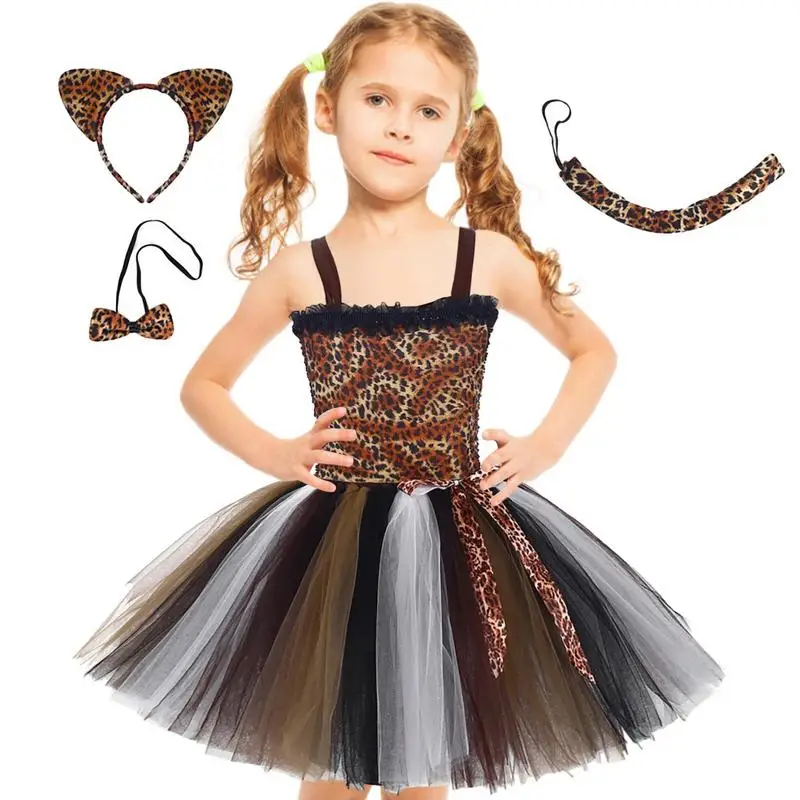 

Cute Leopard Costumes for Girls Animal Zoo Animal Costumes for Toddler 4PCS Ears Bow Tie Tail Hairband Role Play Cosplay Dress
