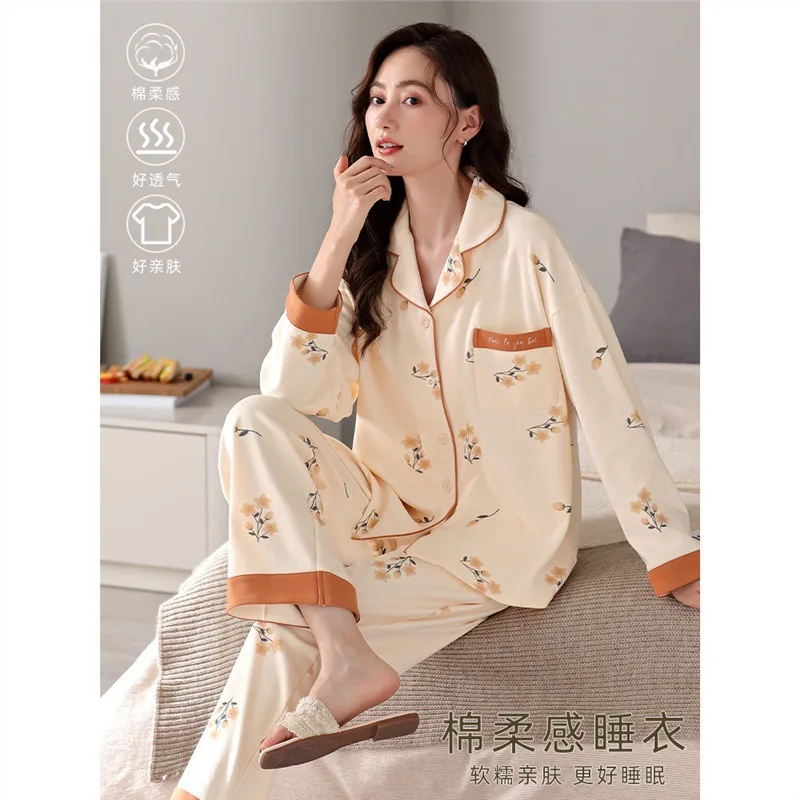 

2024 Cotton Pajamas Women's Spring Autumn Models Long-sleeved Homewear Simple Loose Casual Suit Soft Loungewear Large Size