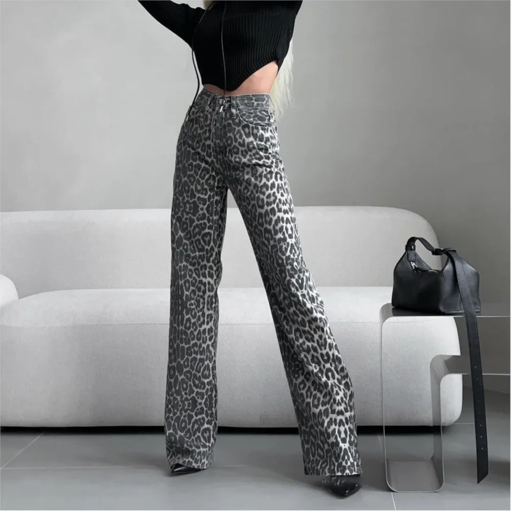 Elegant Grey Leopard Printed Y2k Jeans High Waist Straight Wide Leg Vintage High Street Formal Retro Black Jeans Pants Women