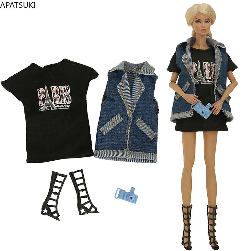 Denim Fashion Outfits For Barbie Doll Clothes Set Per Barbie T-Shirt Gilet Stivali 1/6 Bambole Accessori Giocattoli