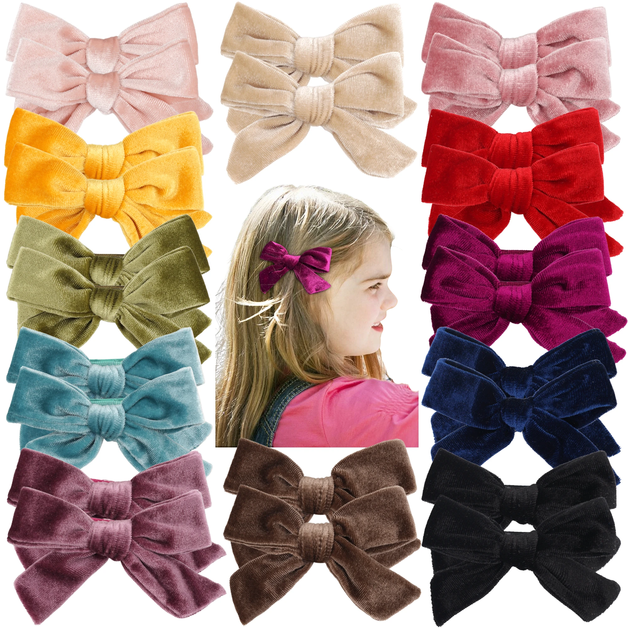 24PCS/12Pairs Velvet Hair Bows Clips Baby Girls 4Inch Hair Bows Metal