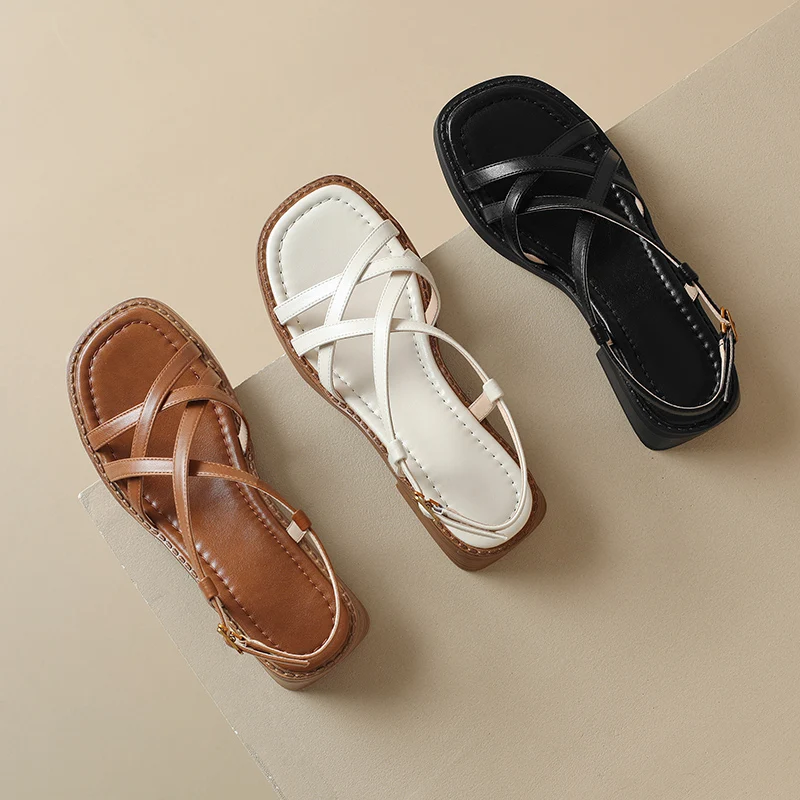 QUTAA Sexy Sandals Women Flats Heels Pumps Shoes Slingbacks Cow leather Summer Round Toe Party Wedding Shoe Office 34-43