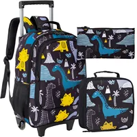 3PCS Kids Rolling Backpack, Boys Roller Wheels Bookbag, Wheeled School Bag with Lunch Bag - Dinosaur 1