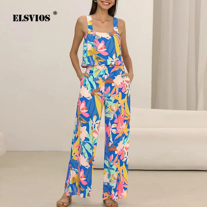 

Summer Lady Commute Straight Long Pants Jumpsuits Fashion Printing Sleeveless Elastic Waist Sling Trousers Female Party Rompers