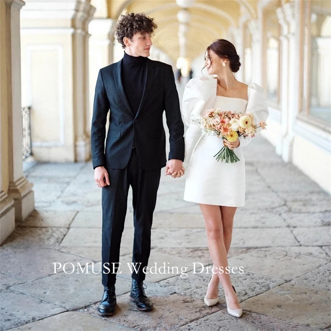 

POMUSE Long Bubble Sleeves Wedding Dresses Mini Low Back Micro Wedding Bride Gown Custom Made Vestido De Novia for Women