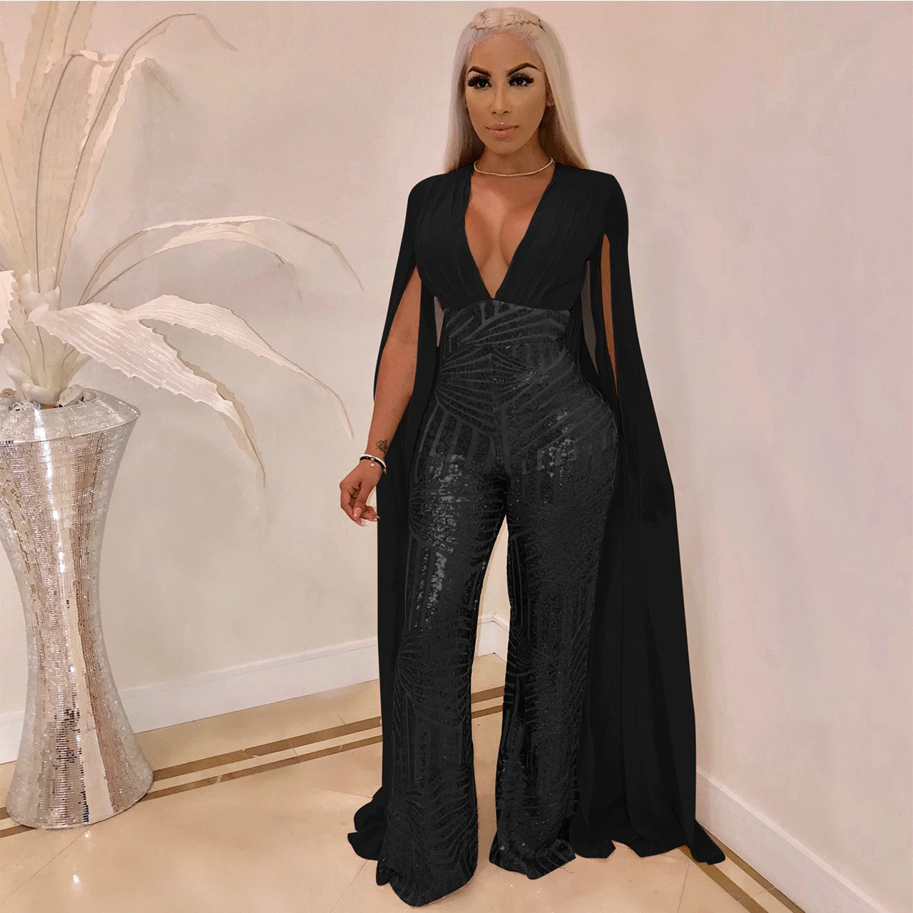 Elegant Women Formal Prom Jumpsuit V Neck Backless Split Long Sleeve Lady Rompers Sequins Women'S Party Evening Gown Jumpsuits