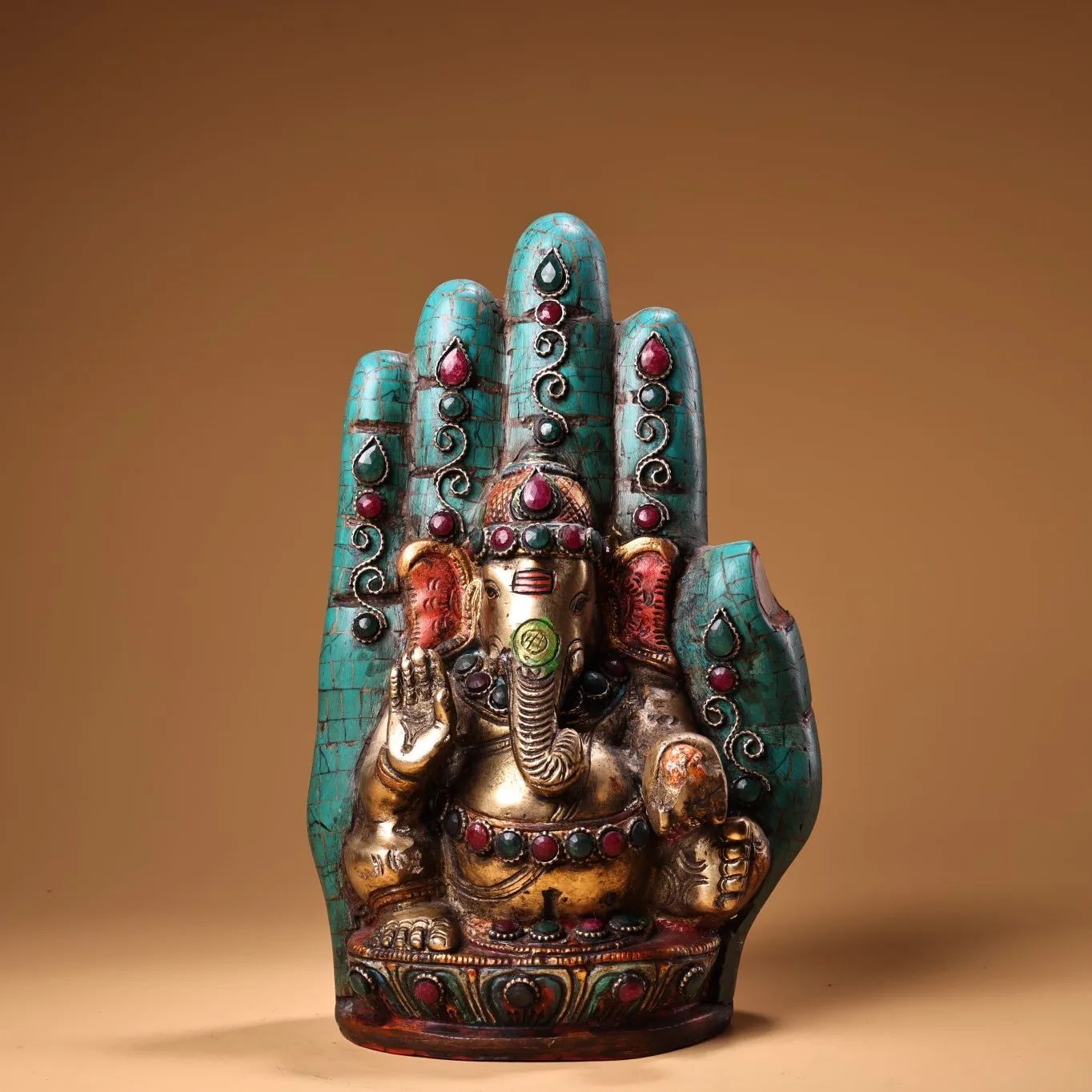 

9"Tibetan Temple Collection Old Bronze Outline in gold Mosaic Gem Turquoise Bergamot Ganesha Buddha Worship Hall Town house