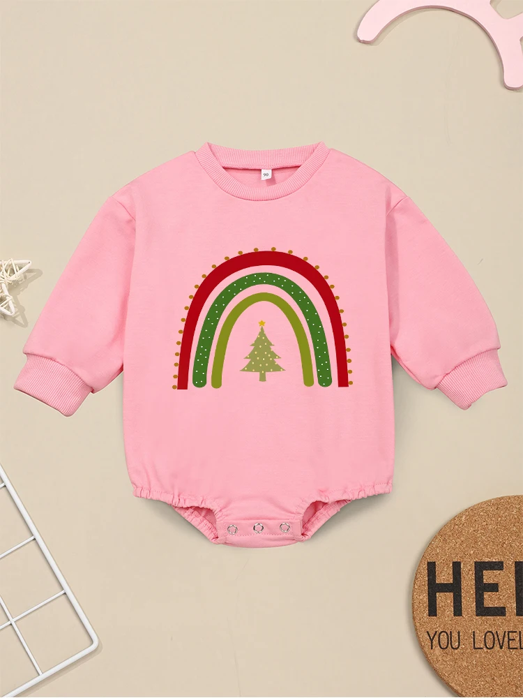 

Rainbow Christmas Tree Print Cute Baby Girl Clothes Pink Fashion Trend Toddler Romper Long Sleeve Home Xmas Eve Infant Onesie