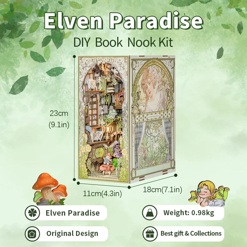 CUTEBEE Book Nook Kit miniatura fai da te Dollhouse Touch Light con modello di mobili regali fai da te (Elven Paradise)