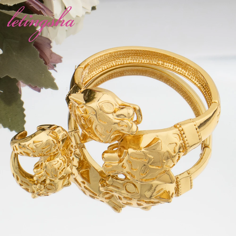 Gold Plated Leopard Bangles For Banquet Party Fashion Adjustable Ring 2pcs Jewelry Sets For Women Dubai Jewelry Accessories 5