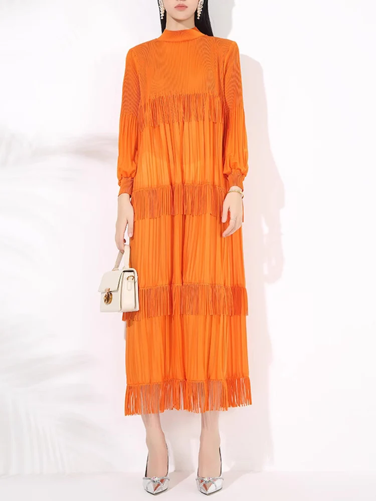 LANMREM Elegant Party Pleated Long Dress For Women Stand Collar Tassel Design Solid Color Dresses 2025 Spring New 2VV2054 - Image 4