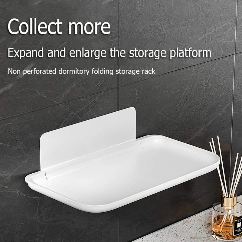 Folding Wall Mounted Shelf Saving Space Foldable Storage Rack Punch-Free Phone Holder Wifi Router Storage Tray BathroomOrganizer 2