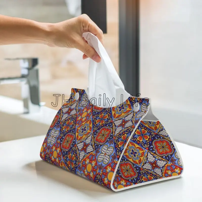 Bohemian Mandala Art Tissue Box Cover Colorful Mexican Ceramic Tile Rectangular PU Leather Tissue Holders for Home Office Car 5