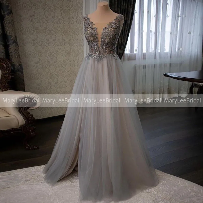 

Sexy Side Split Long Evening Dresses 2022 Illusion Lace Applique A-Line Silver Grey Prom Dress See Through Backless Formal Gowns