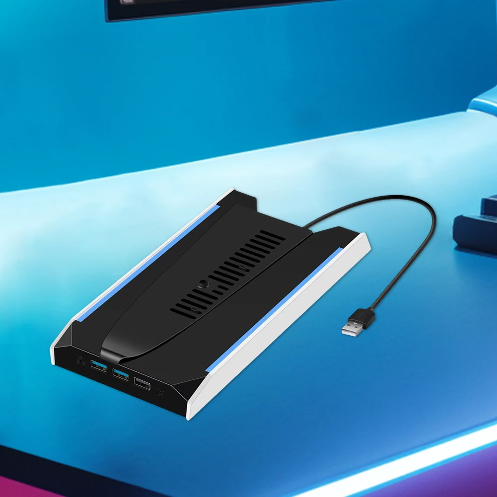 PS5 슬림/PS5 프로 RGB 수직 쿨링 스탠드 8가지 조명 모드 게임 콘솔 거치대 (3개 USB 2.0 포트 및 3단 속도 팬 포함)