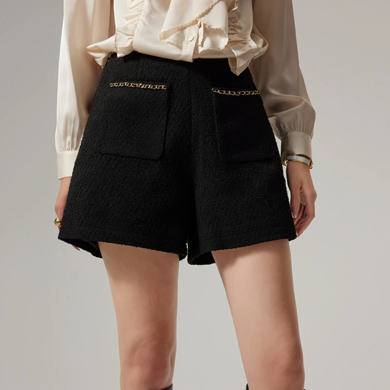 High-end Women's Tweed Shorts Autumn Winter Elegant High Waist Chain Black Woolen Short Pants Lady Chic Bootcut Shorts