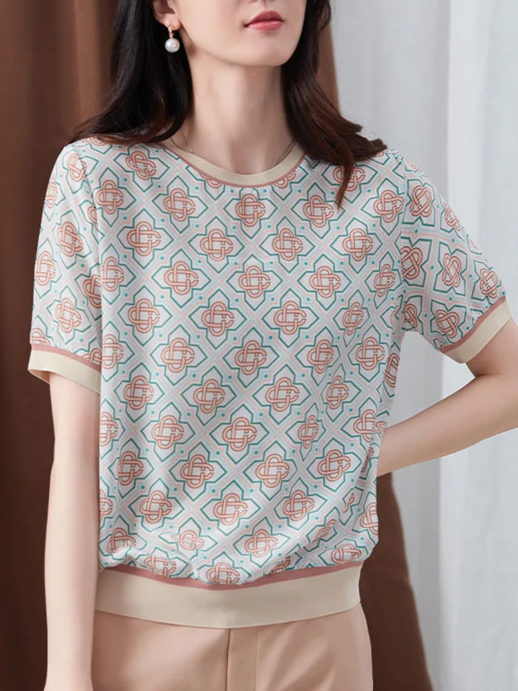 Women\'s Jacquard Knitted T Shirt Summer Ice Silk Short Sleeve O Neck Pullover Tops Korean Oversized Loose Tshirt Femme
