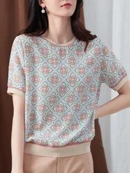 Women's Jacquard Knitted T Shirt Summer Ice Silk Short Sleeve O Neck Pullover Tops Korean Oversized Loose Tshirt Femme