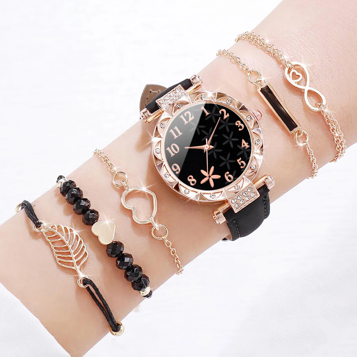 6PCS/Set Women's Watch Casual Flower Quartz Watch Analog PU Leather Wrist Watch & Bracelets 3