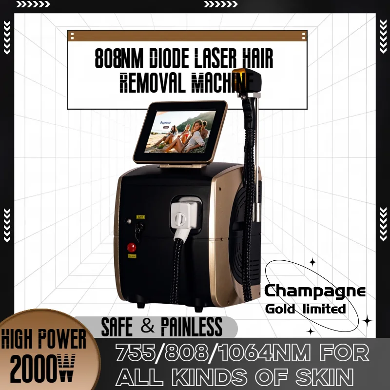 

Champagne Gold limited 808nm Diode Hair Removal Machine Alexandrit 3 Wavelength Ice Platinum Painless Permanent Epilator