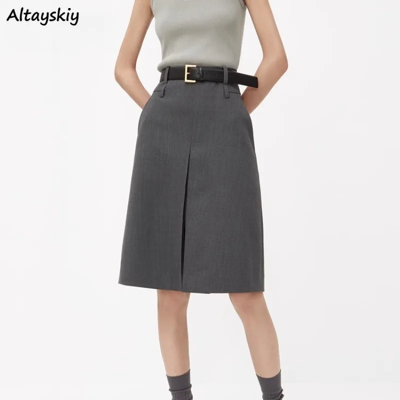 

Suit Skirts Women Short Knee Length Gray Slim Hip Wrap All-match Front Slit A-line Elegant Female Spring Summer Chic Streetwear
