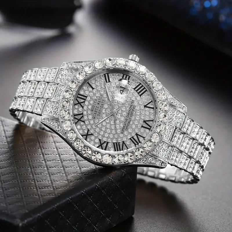3pcs Necklace + Bracelet + Watch Cuban Chain Watch for Men Hip Hop Miami Curb Iced Out Paved Rhinestone