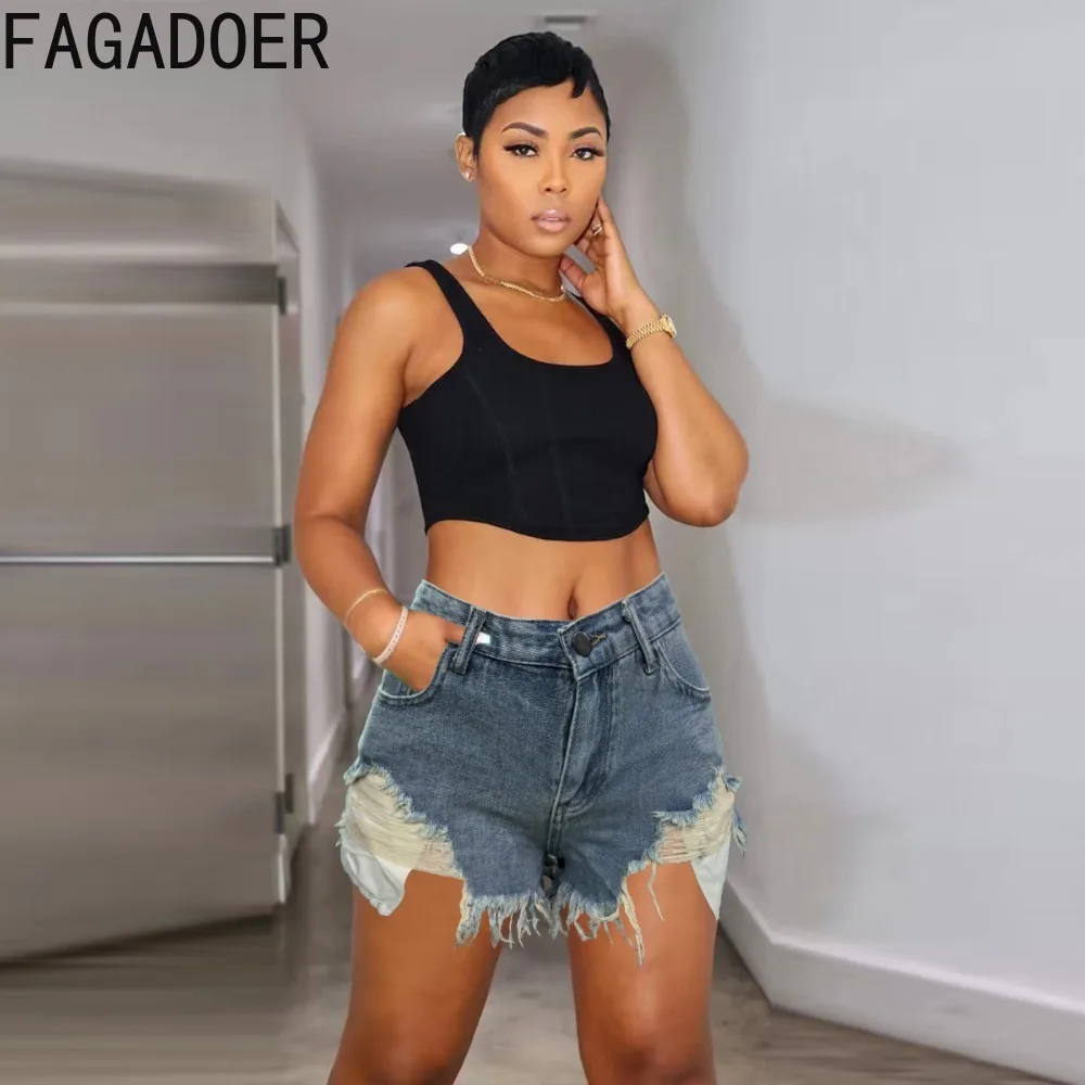 FAGADOER Dark Blue Summer New Denim Hole Tassels Shorts Women High Waisted Button Pocket Jean Fashion Matching Cowboy Bottoms