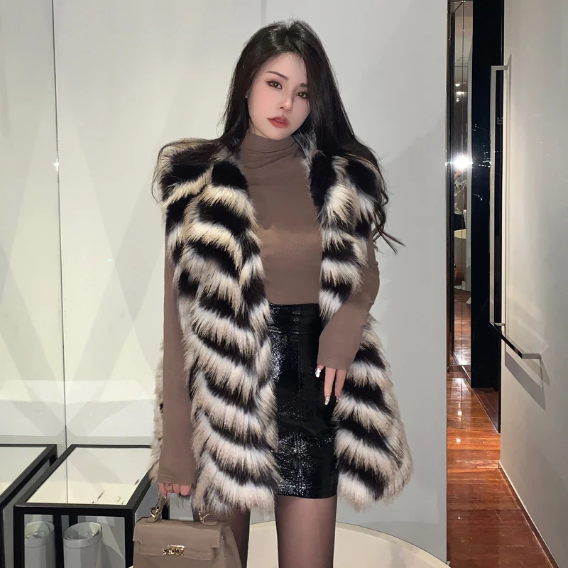 2024 Winter Fall New Arrivals Women Faux Fur Coat Sleeveless Contrast Color Korean Fashion Girls Faux Fur Vest