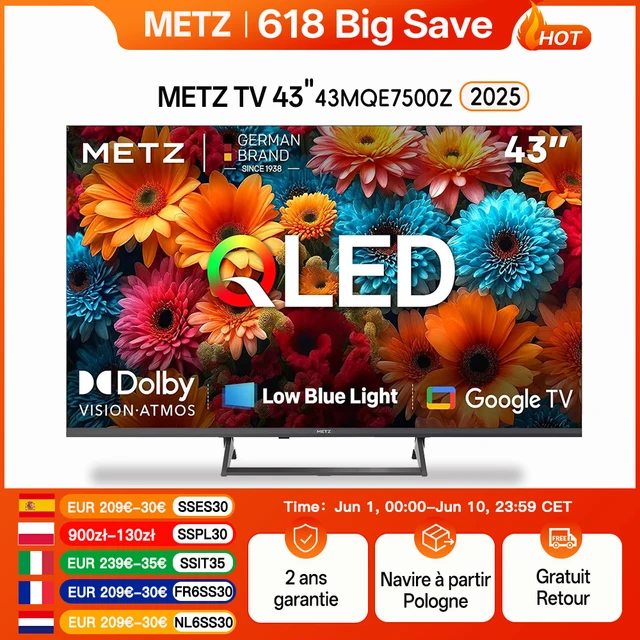 METZ QLED TV 43 pouces 4K télévision LED intelligente Google Tele HDR 10 MEMC DBX Dolby Atmos jeu Hub EyeCare Tuner 2025 43 MQF7500Z 1