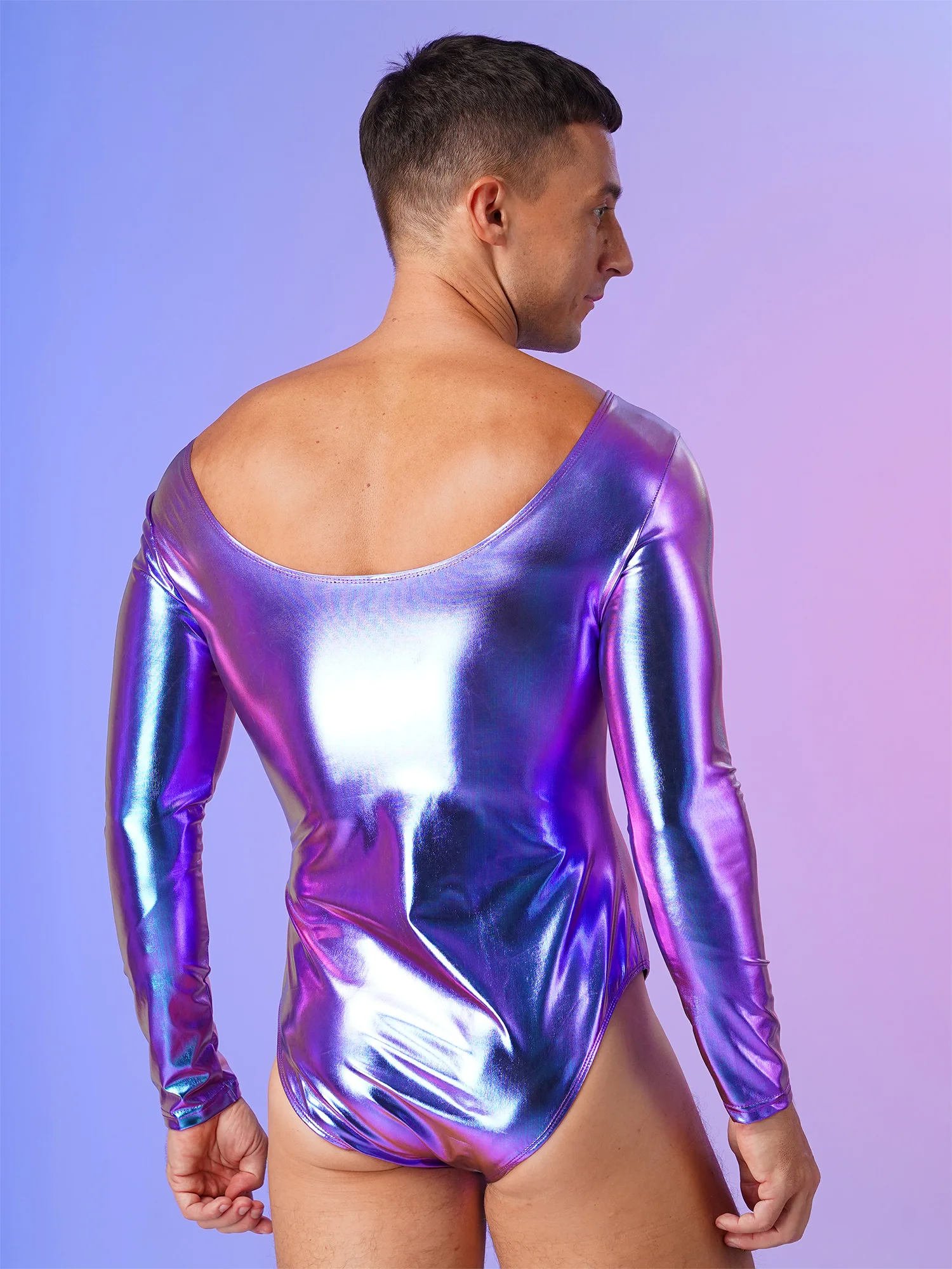 Mens Shiny Patent Leather Long Sleeves Bodysuit One-piece Monokini Bodycon Leotard Ballet Gymnastics Stage Performance Dancewear