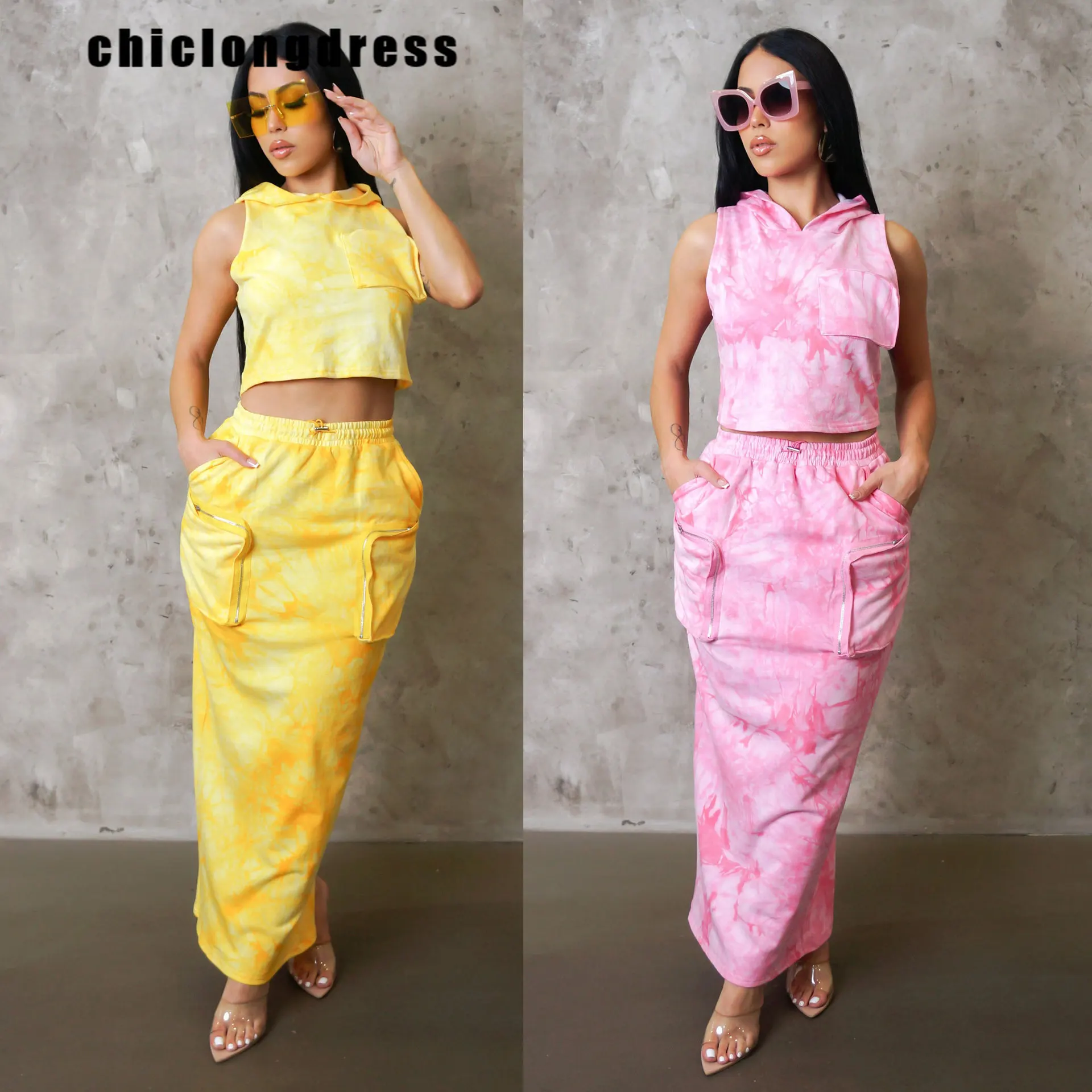 

Summer Fashion Tie Dye Printed Two Piece Women Casual Street Hooded Sleeveless Top Skirt Two Piece Set Women