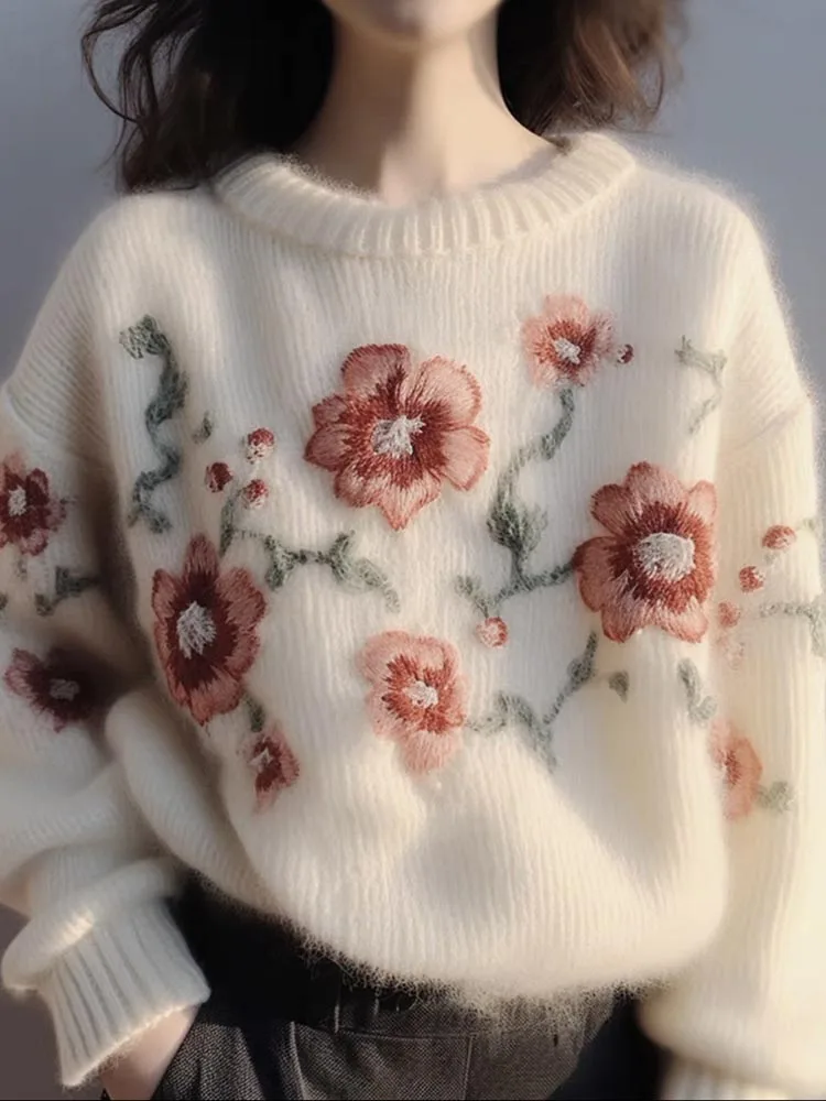 

Leisure Embroidery Flower Round Neck Pullover Sweater 2023 Winter New Korean Fashion Women'S Clothing