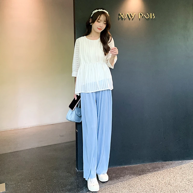 Korean Style Plus Size Maternity Clothes Set Half Sleeve Loose Shirts+Belly Pants Twinset Pregnant Woman Trousers Suit
