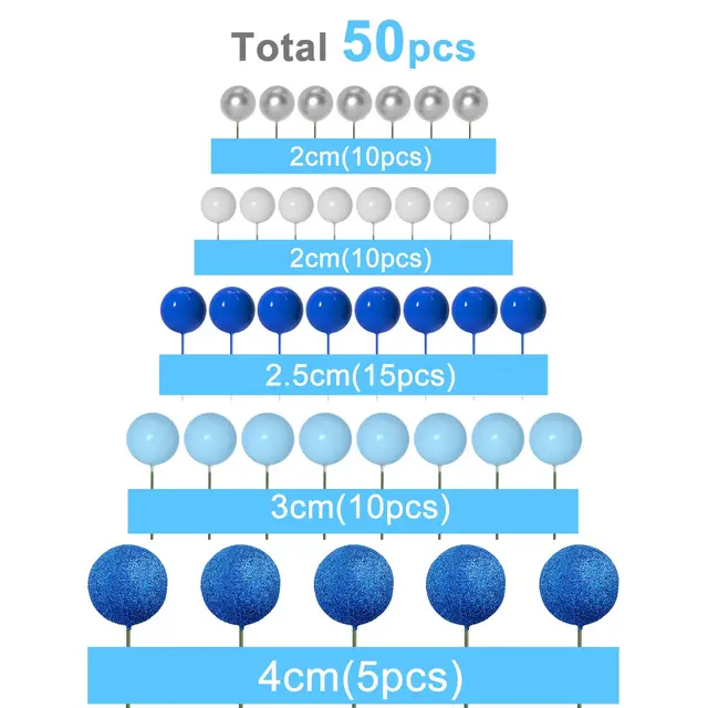 50 Palline Di Schiuma Per Decorazione Torte - Topper Per Cupcake, Compleanni E Baby Shower (Blu E Bianco) - Foto 2