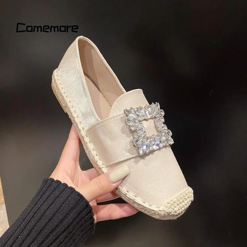 Comemore Woman Crystal Buckle Loafers Ladies Design Elegant Slip-on Fishman Shoes Luxury Satin Silk Espadrille Moccasins Size 43