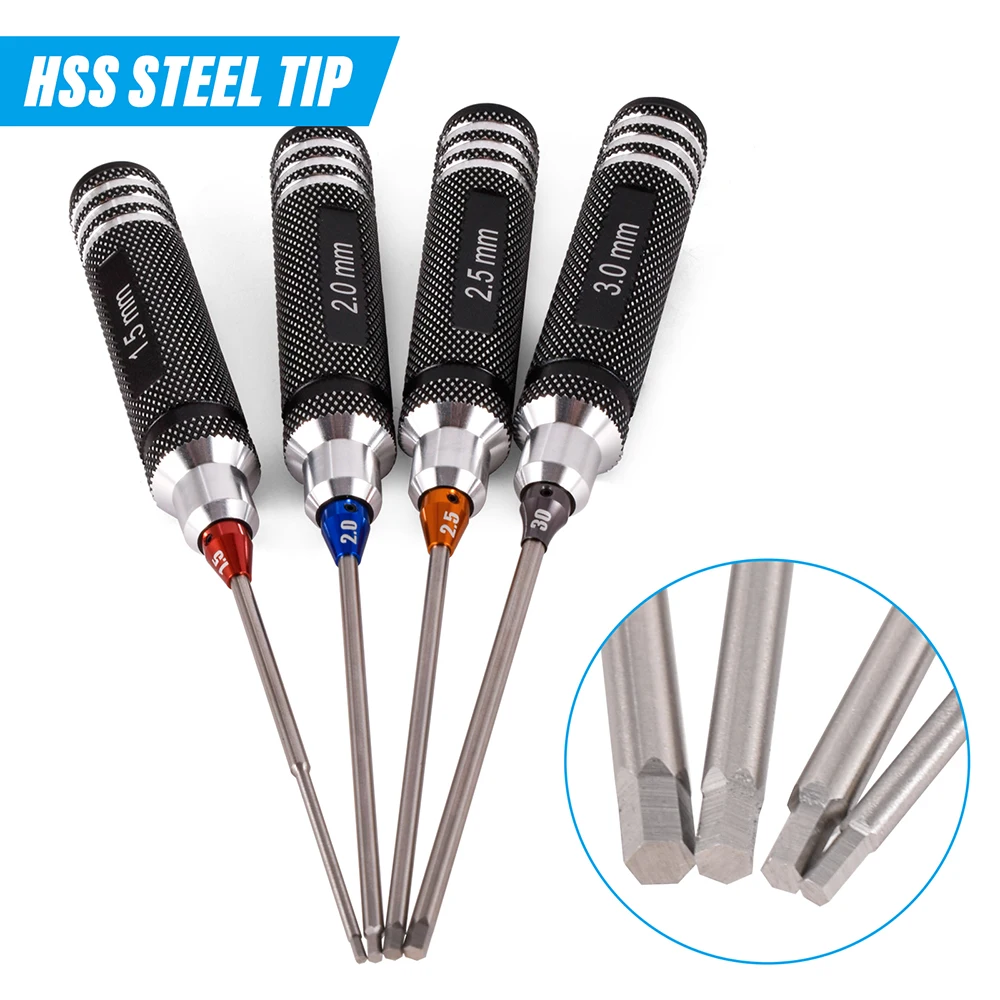 Étui pliable contenant le jeu de tournevis hexagonaux 4 pièces 1.5-3mm pour RC, avec les embouts rangés dans leurs logements.