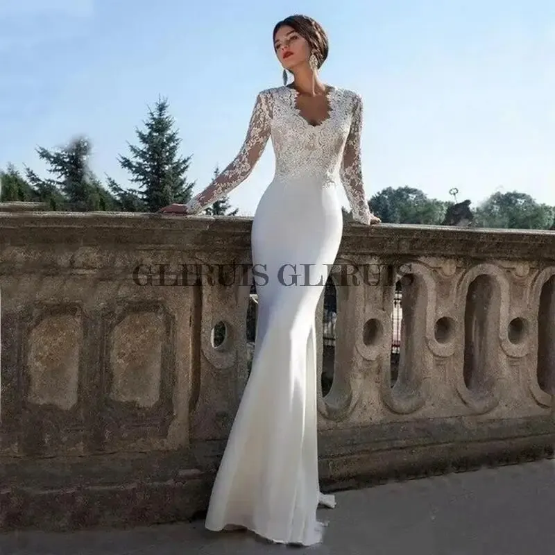 

Mermaid Wedding Dress For Women With Train Elastic Appliques Bridal Gown Zipper Back Custom Made