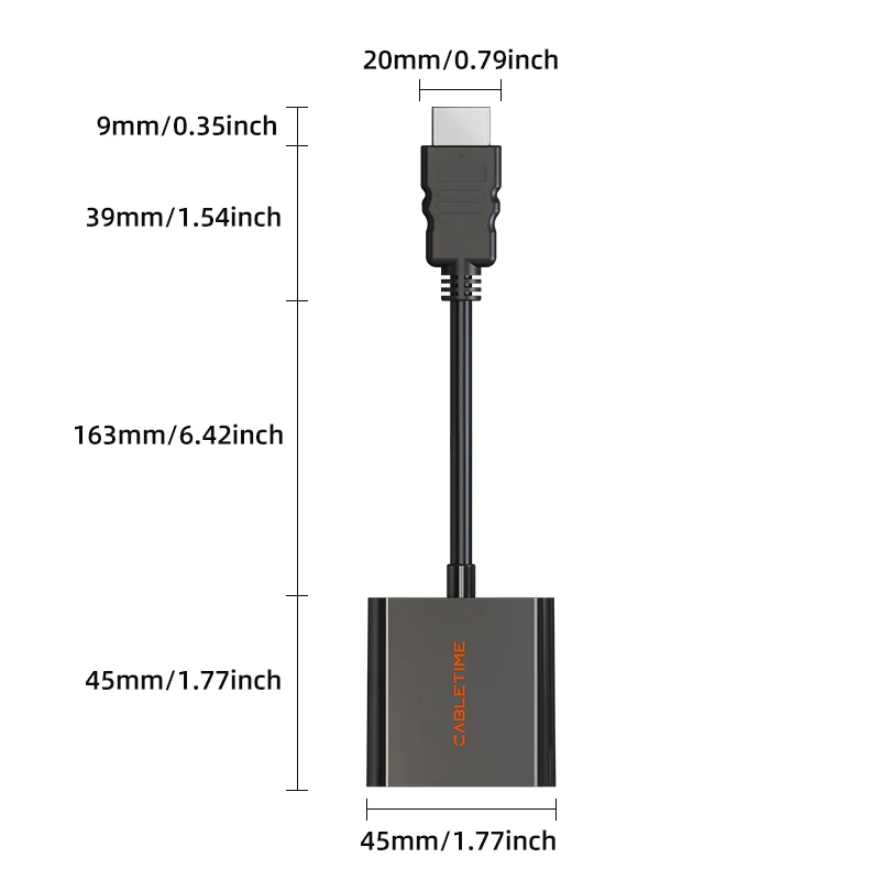 CABLETIME HDMI to VGA HD 1080P 60Hz ABS Shell Video Transmission for Laptop HDTV Monitor Desk Computer Lenovo Dell