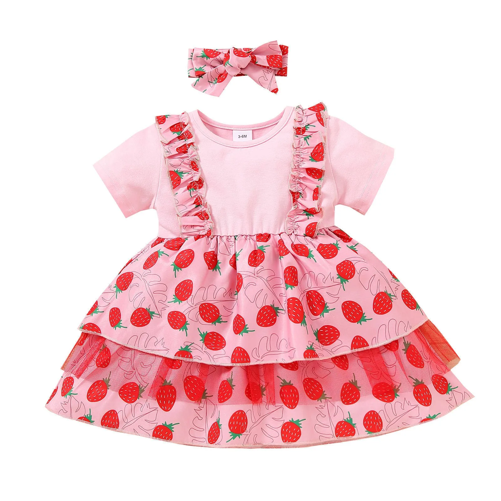 Lovely Baby Girls Strawberry Dress Patchwork Printed Lace Knee Length A-Line Dress Girls Princess Toddler Summer Clothes 0-3Y