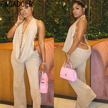 FAGADOER Sexy Solid Color 2 Pieces Set for Woman Halter Sleeveless Backless Crop Top and Flare Pants Female Streetwear Clothing 1