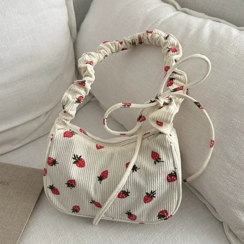 New Corduroy Sweet Strawberry Crossbody Bag Cute Small Underarm Bag Fashion Trendy Zipper Handbag Mini Shoulder Bags Tote