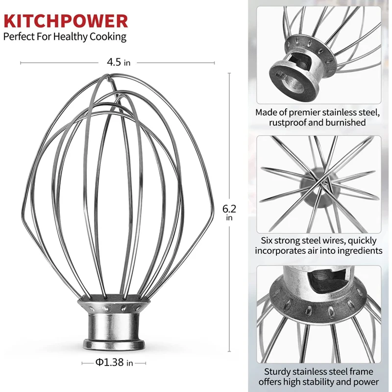 New K45WW KitchenAid Stainless Steel Whisk Whip Mixer Flour Cake Food Balloon Whisk 4.5QT Fits Mixers Egg Cream Kitchen Tools rotary whisk balloon wire whisk ball whisk wire whisk