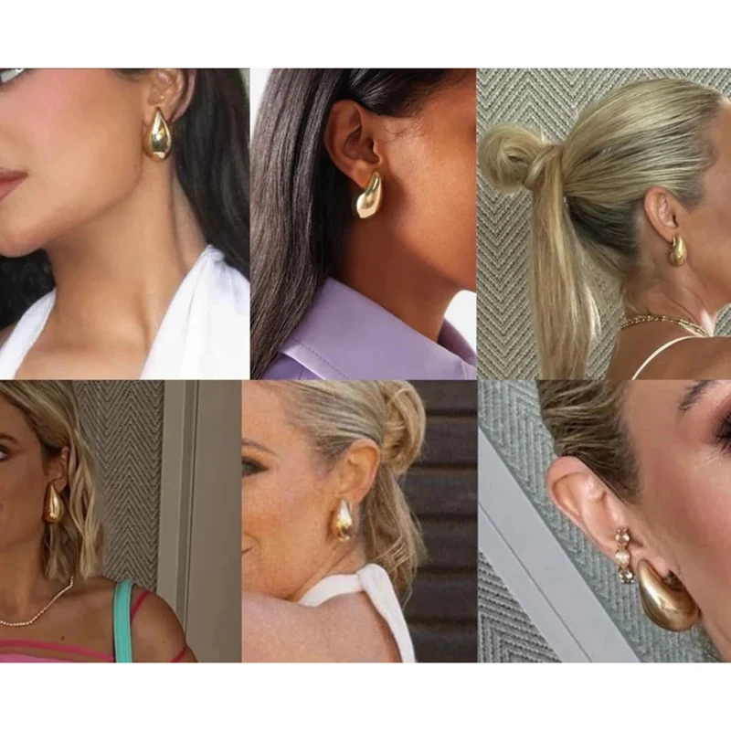 Drop Earrings Vintage Gold Plated Chunky Dome Drop Earrings for Women Glossy Stainless Steel Thick Teardrop Earrings Dupes Lightweight Hoops