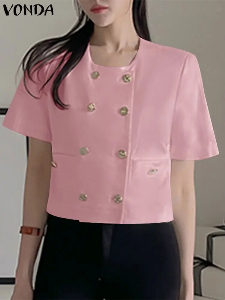 

VONDA 2023 Fashion Tops Women Elegant Shirts Short Sleeve Blouse Casual Solid Color Tunic Loose Buttons Summer Blusas Femininas