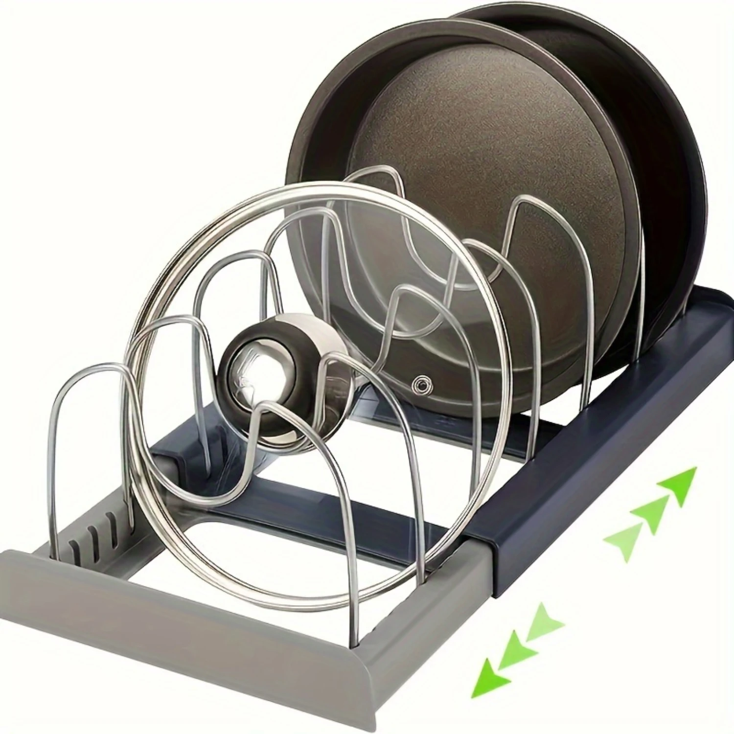 

A Set Of Expandable Pots And Pans, With A Lid And Dish Storage Rack, Adjustable Stainless Steel Wire Separators, For Organizing
